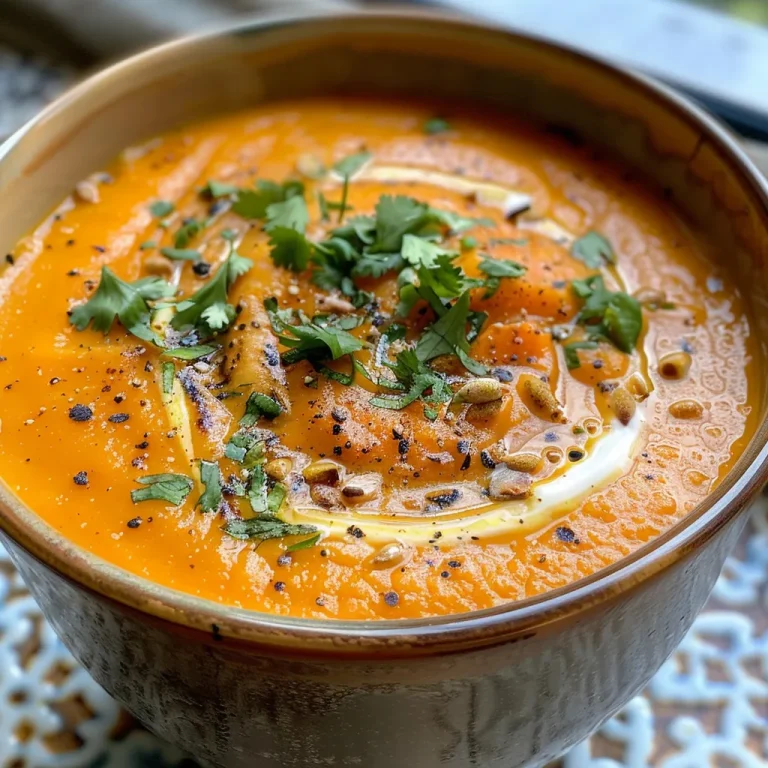 Close-up view of creamy roasted carrot ginger soup topped with herbs and seeds.