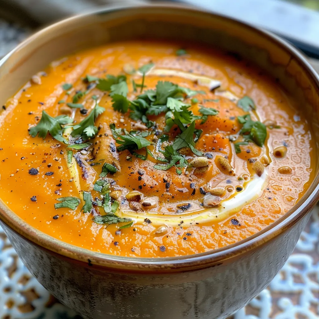 Close-up view of creamy roasted carrot ginger soup topped with herbs and seeds.
