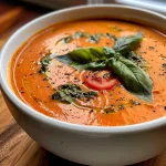 A close-up view of creamy tomato basil soup, garnished with fresh basil and topped with grated Parmesan cheese.