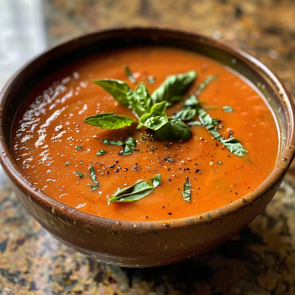 A side view of a bowl filled with rich, creamy tomato basil soup, showcasing its smooth texture and vibrant colors.