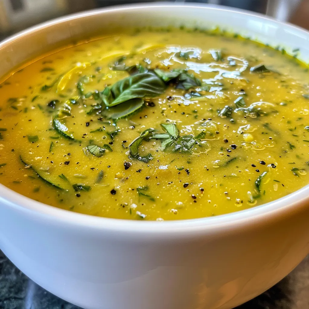 Side view of a richly textured zucchini and squash soup, showing diced vegetables and creaminess.