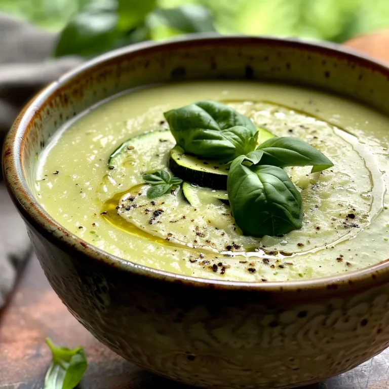 Transform Your Dinner with This 1-Pot Creamy Zucchini Soup Magic Close-up of a bowl of creamy zucchini soup, garnished with fresh basil.