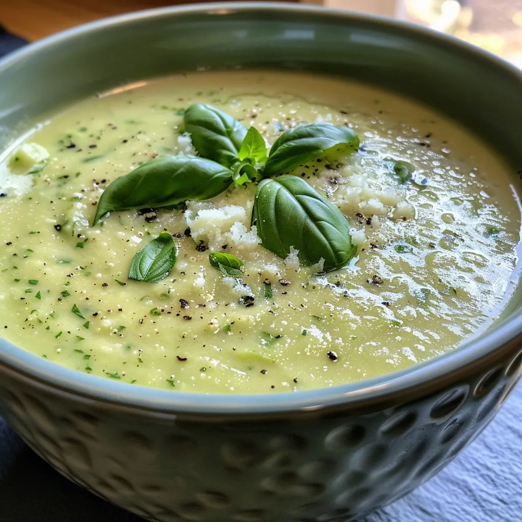 Creamy zucchini soup in a rustic bowl, showcasing vibrant green color and texture.