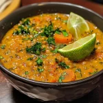 Close-up view of a bowl of vibrant Curry Lentil Soup with vegetables.