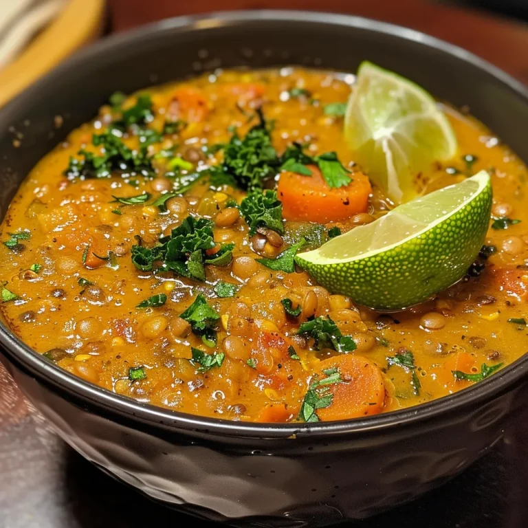 Close-up view of a bowl of vibrant Curry Lentil Soup with vegetables.