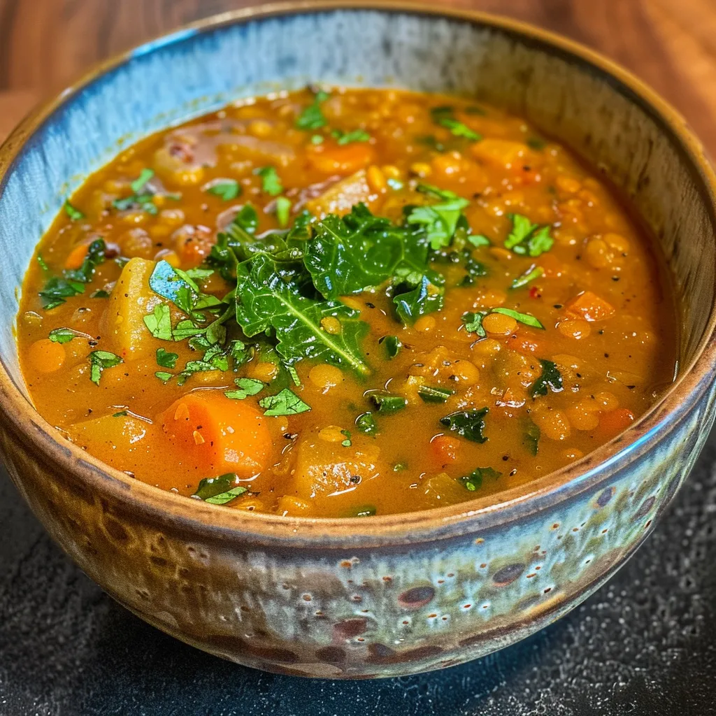 Side angle of a steaming bowl filled with Curry Lentil Soup and garnished with lime wedges.