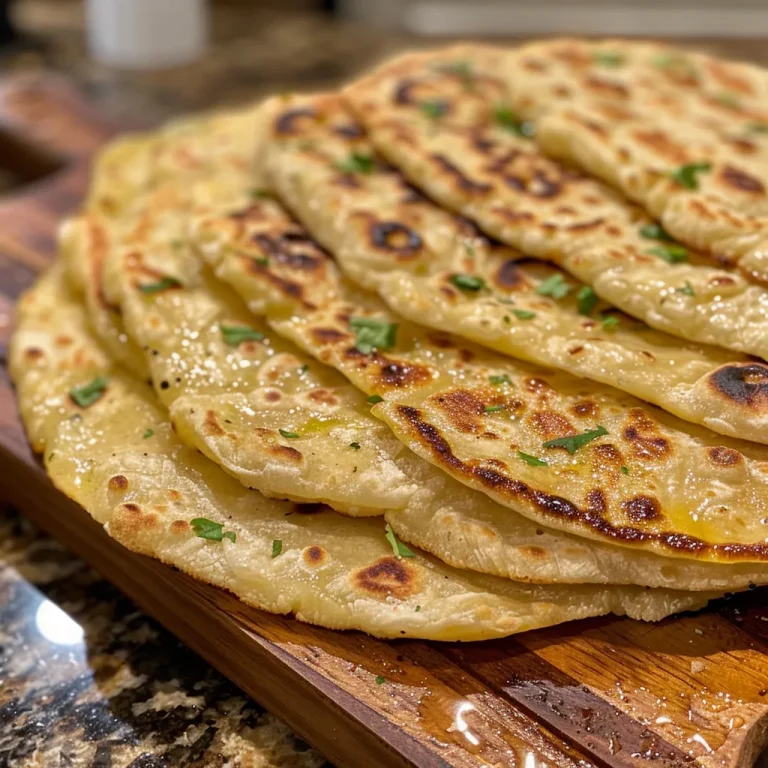 Close-up of golden-brown flatbreads stacked on a wooden board.