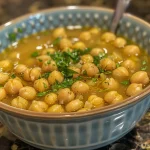 Close-up view of a bowl of Greek Chickpea Soup, featuring chickpeas and garnished with parsley.