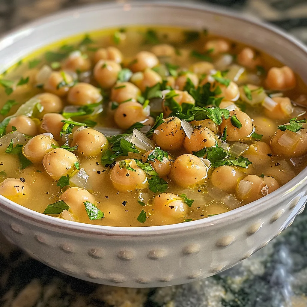 A side profile of a vibrant Easy Greek Chickpea Soup, showcasing the chunky texture with fresh herbs.