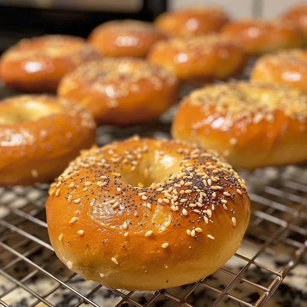 Side view of a delicious, warm homemade bagel, showcasing its fluffy texture and toppings.