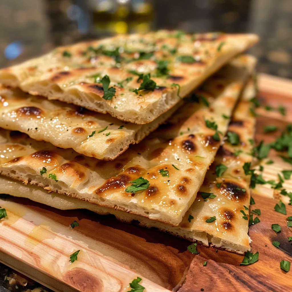Side view of soft, fluffy homemade flatbread resting on a wooden table.