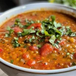 Close-up of a bowl of Easy Lentil Tomato Soup garnished with parsley.