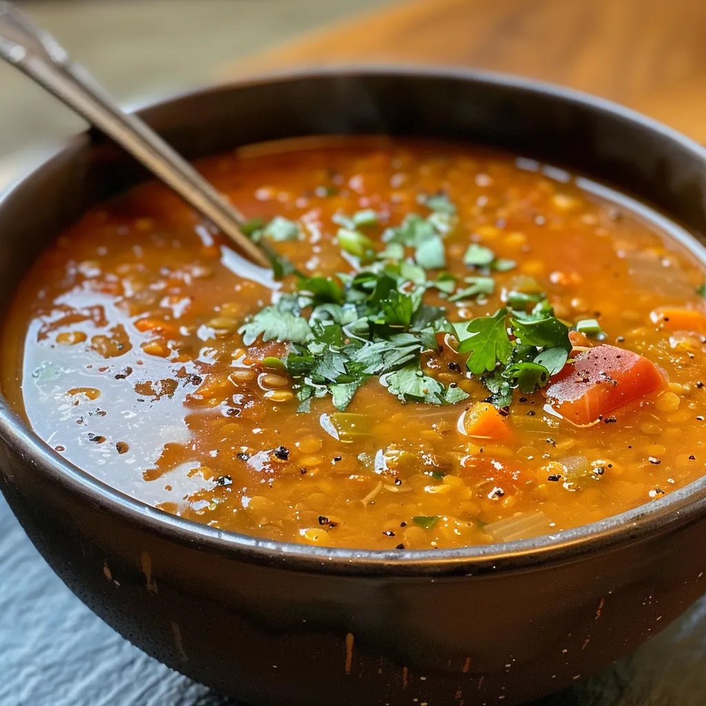 Side view of hearty lentil tomato soup in a rustic bowl with fresh herbs.