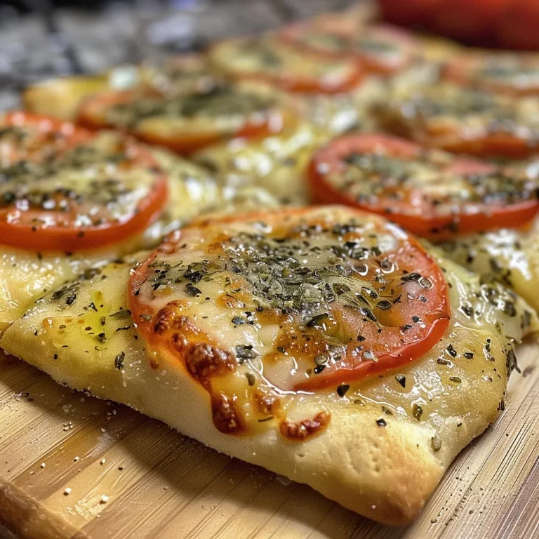Close-up side view of a freshly baked flatbread pizza topped with colorful ingredients.