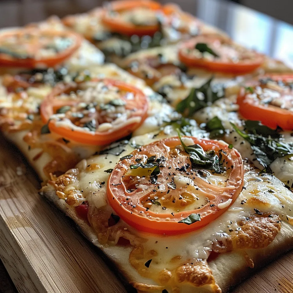 Side view image of a delicious flatbread pizza with melted cheese and fresh toppings.