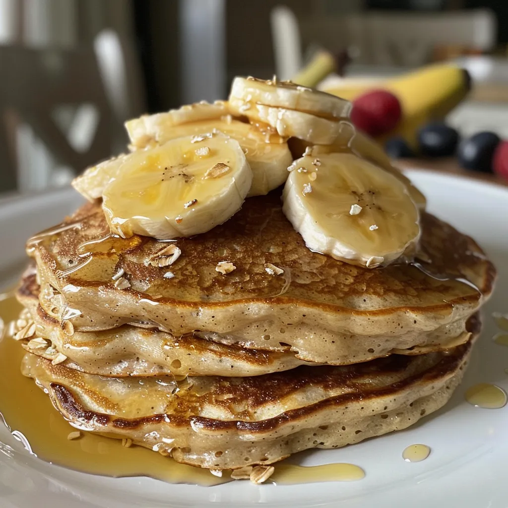 Close-up view of golden-brown banana pancakes, garnished with sliced bananas and nuts.