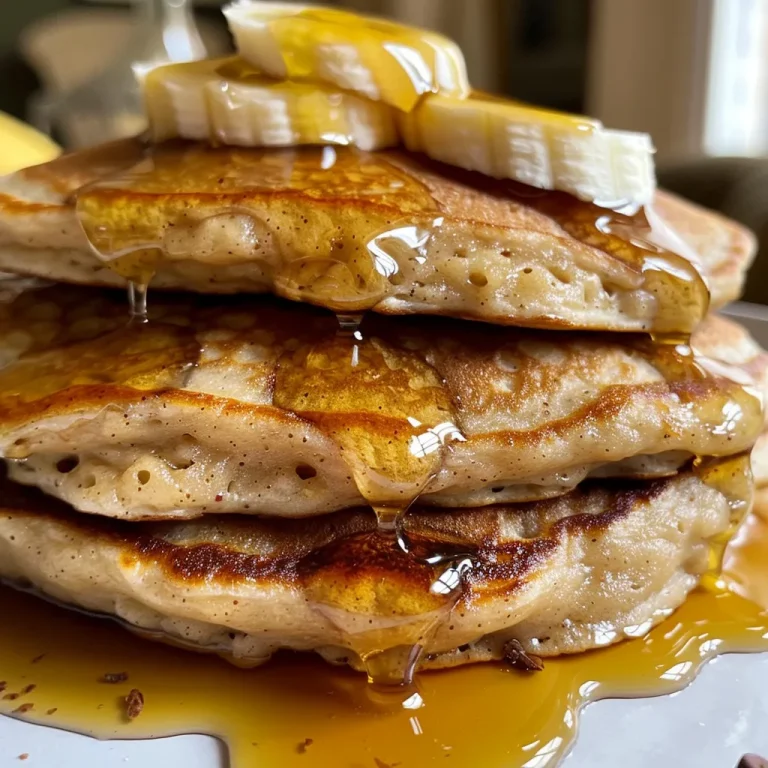Close-up of fluffy oat flour banana pancakes stacked with syrup.