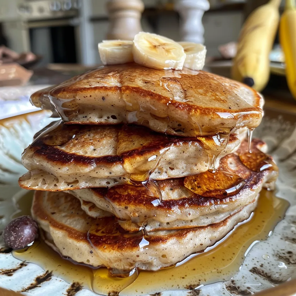Side view of golden-brown banana pancakes topped with chocolate chips.