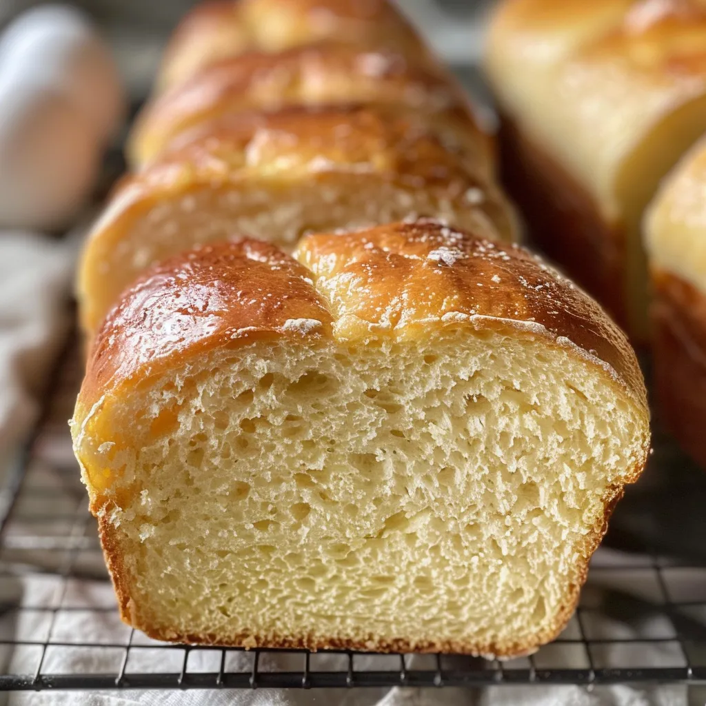 Side view of golden-brown sandwich bread with visible airy layers and a smooth crust.