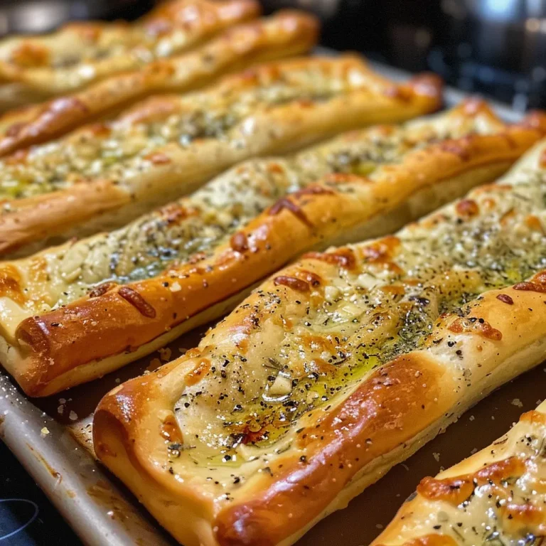 Close-up view of golden-brown garlic bread sticks with melted butter and herbs.