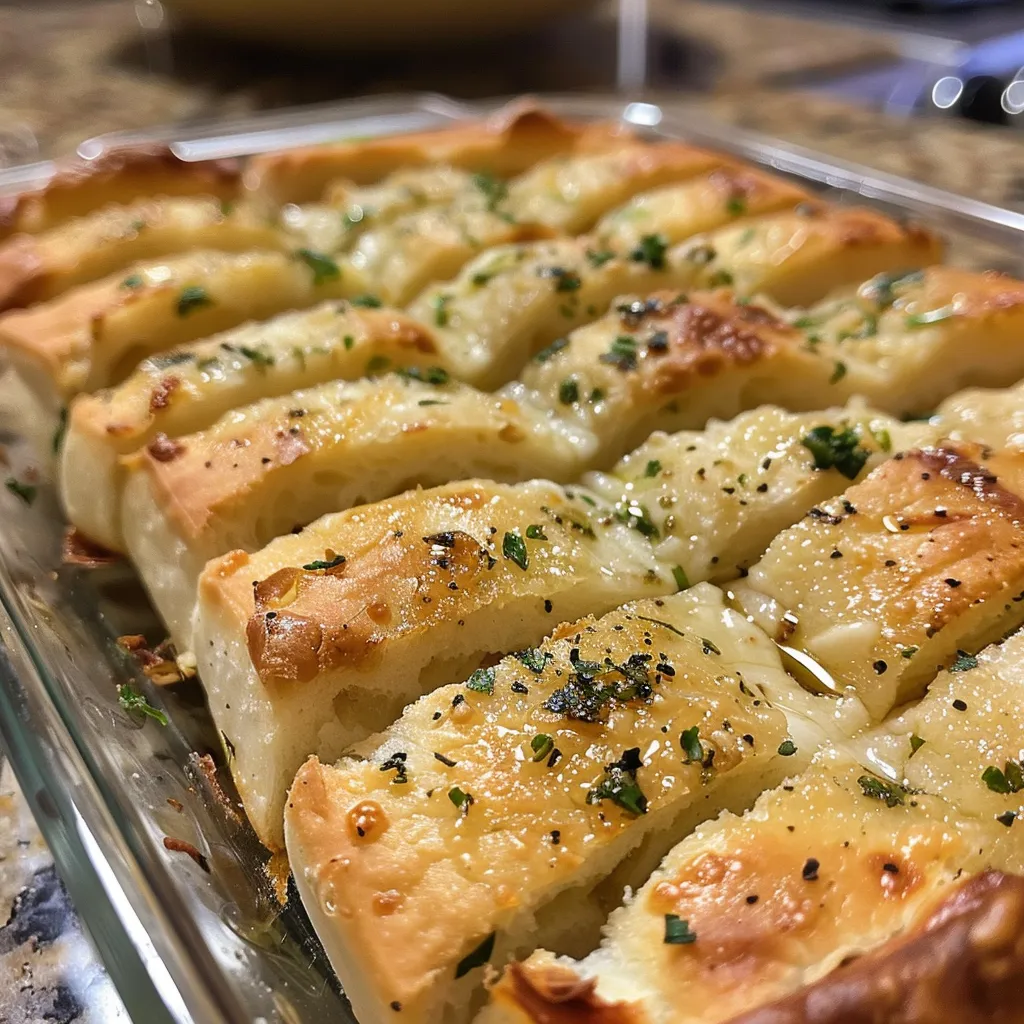 Side view of freshly baked garlic bread sticks topped with parsley and parmesan.