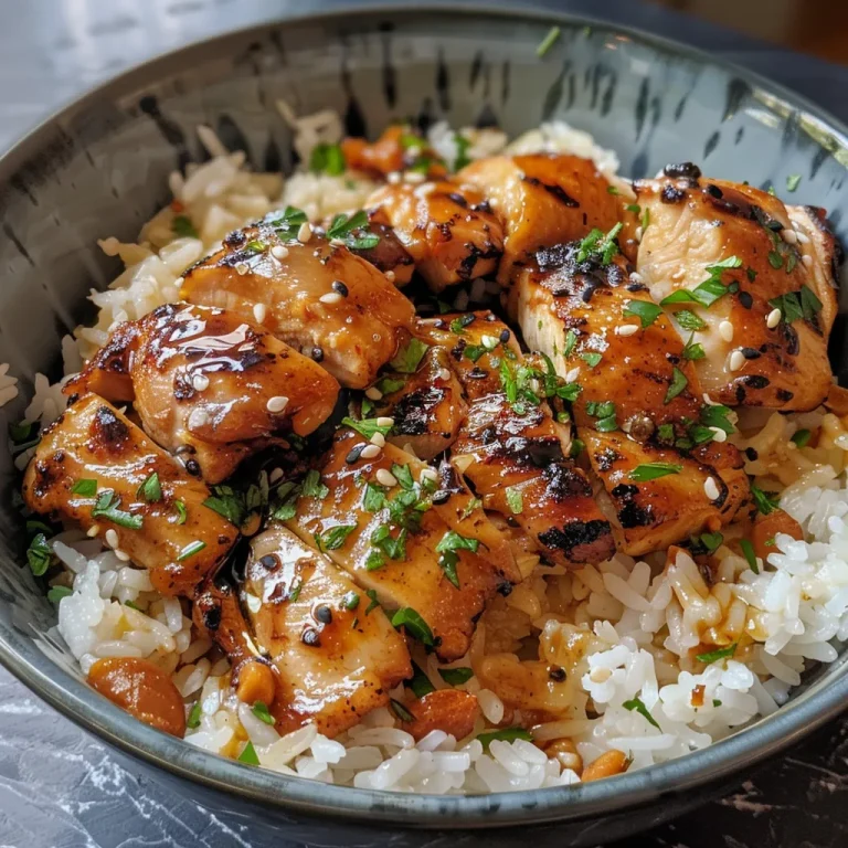 A close-up side view of a Garlic Butter Chicken Rice Bowl filled with juicy chicken, fluffy rice, and fresh parsley.