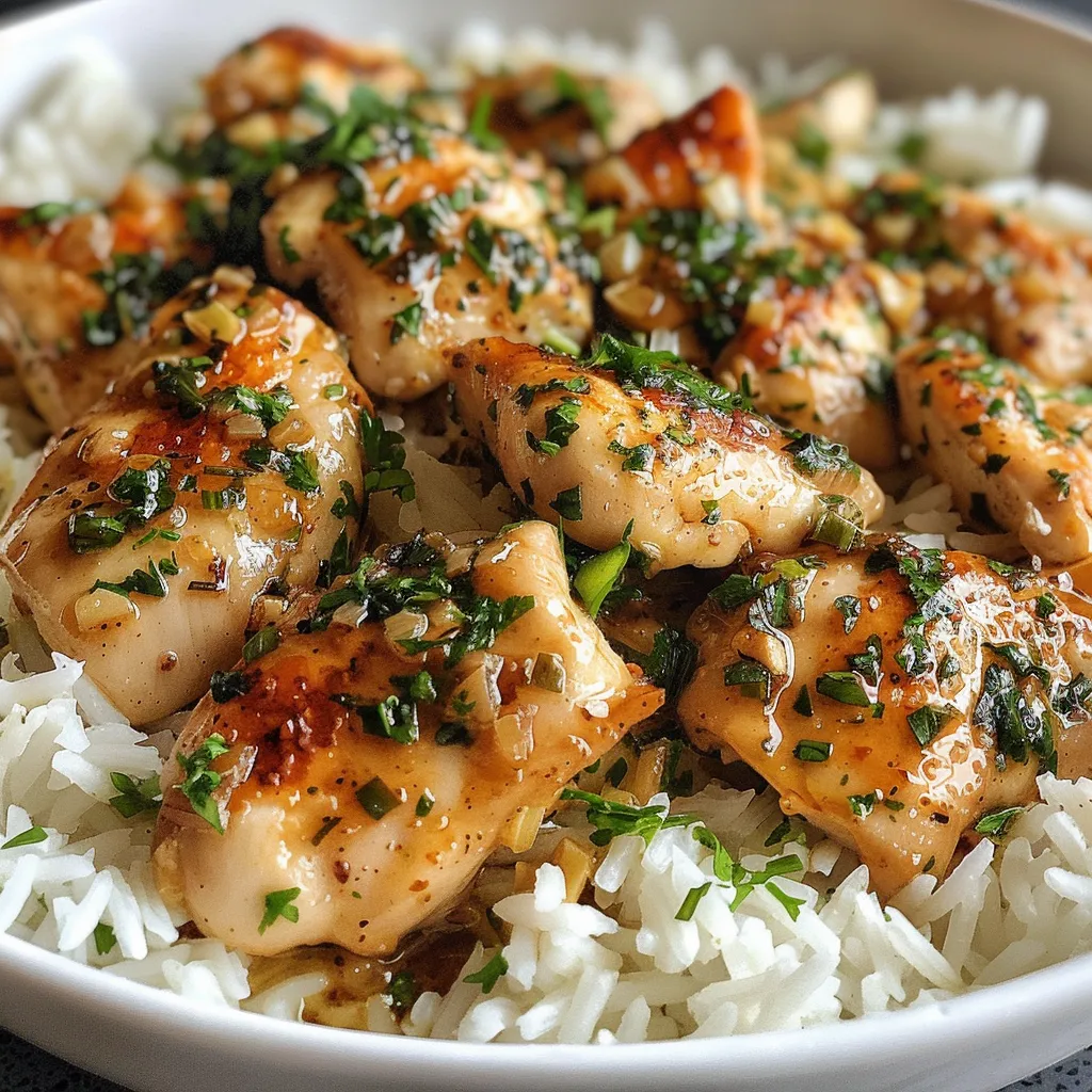 A vibrant Garlic Butter Chicken Rice Bowl showcasing tender chicken pieces, rice, and a sprinkle of parsley.