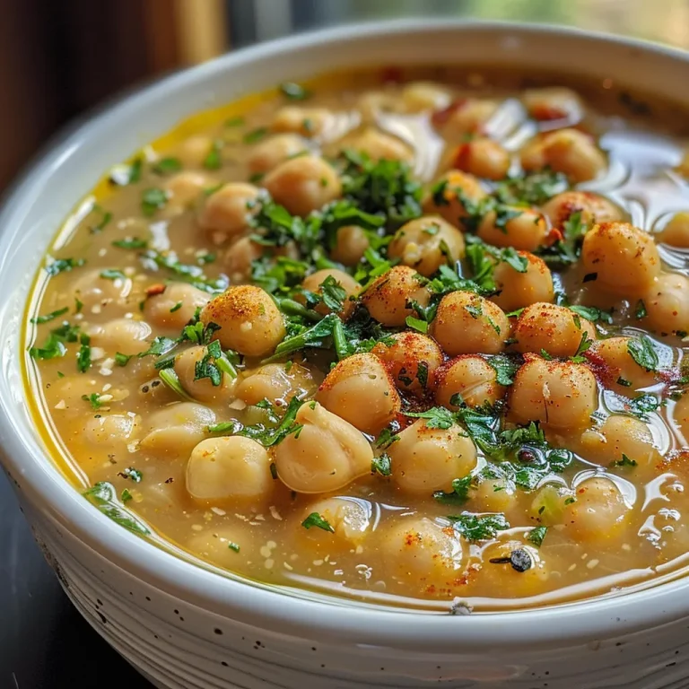 A close-up side view of a bowl of Garlic Chickpea Soup with fresh herbs.