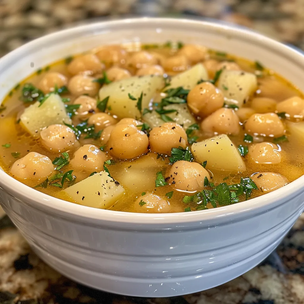 A rich, creamy Garlic Chickpea Soup served in a white bowl, garnished with herbs.