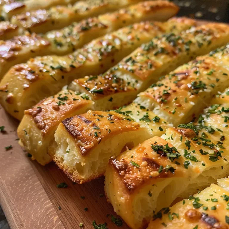 Close-up view of golden-brown garlic herb breadsticks on a wooden board.