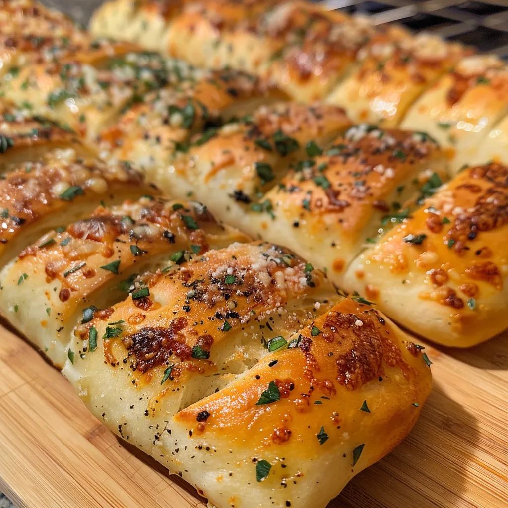 Side view of freshly baked garlic herb breadsticks with a soft, fluffy texture.