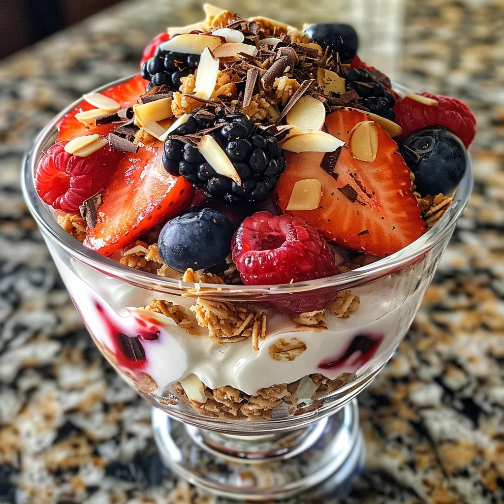 An iPhone photo showing a delicious Greek yogurt parfait filled with fresh berries and granola.
