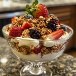 Close-up of a Greek yogurt berry parfait layered with strawberries, blueberries, and blackberries.