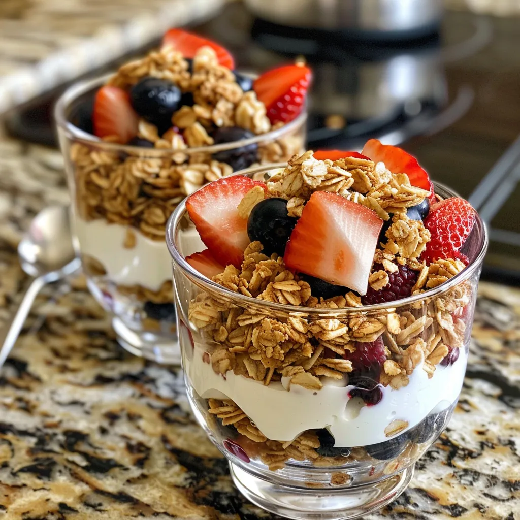 Side view of a delicious Greek yogurt parfait featuring vibrant layers of fruit and granola.