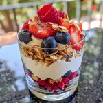 Close-up view of a Greek yogurt parfait layered with strawberries, blueberries, and raspberries.