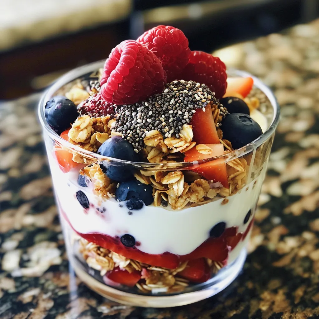 Side view of a colorful triple berry parfait with Greek yogurt and granola.