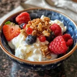 Bowl of Greek yogurt topped with fresh berries and nuts.