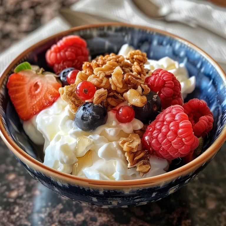 Bowl of Greek yogurt topped with fresh berries and nuts.