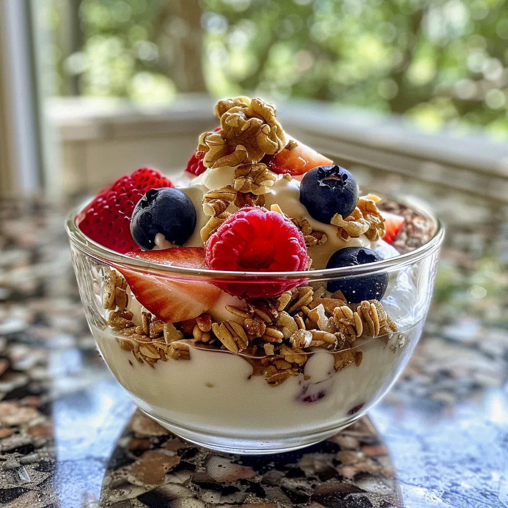 Close-up view of Greek yogurt adorned with strawberries and blueberries.