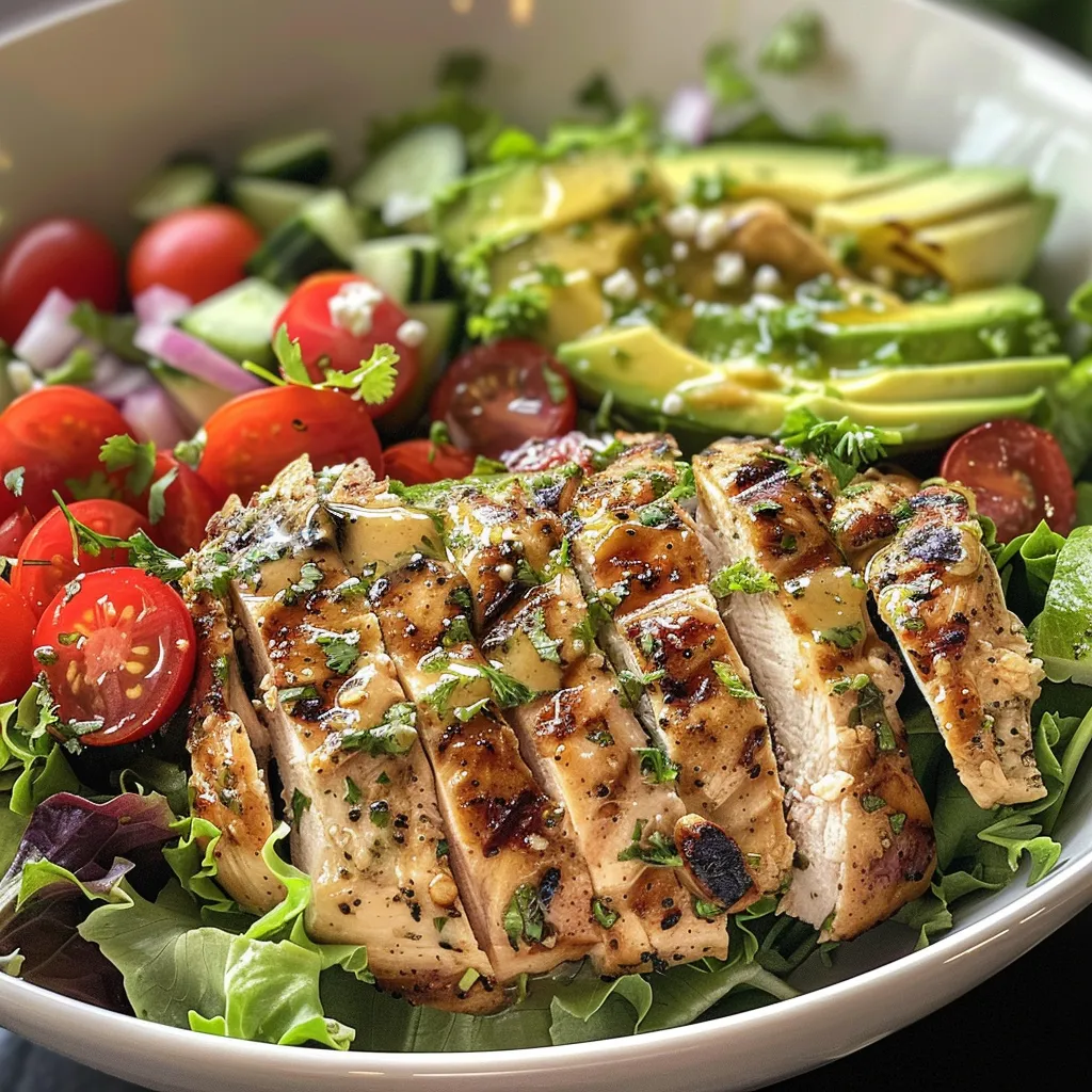 Close-up of a colorful salad featuring grilled chicken, sliced avocado, and fresh vegetables.