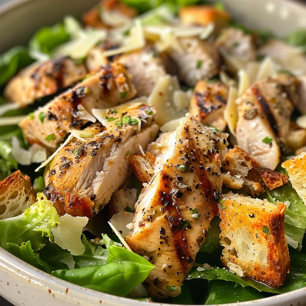 Side view of a colorful Grilled Chicken Caesar Salad topped with croutons and parmesan.