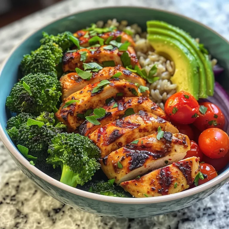 A close-up side view of a colorful grilled chicken veggie bowl featuring chicken, broccoli, red bell pepper, and cherry tomatoes.