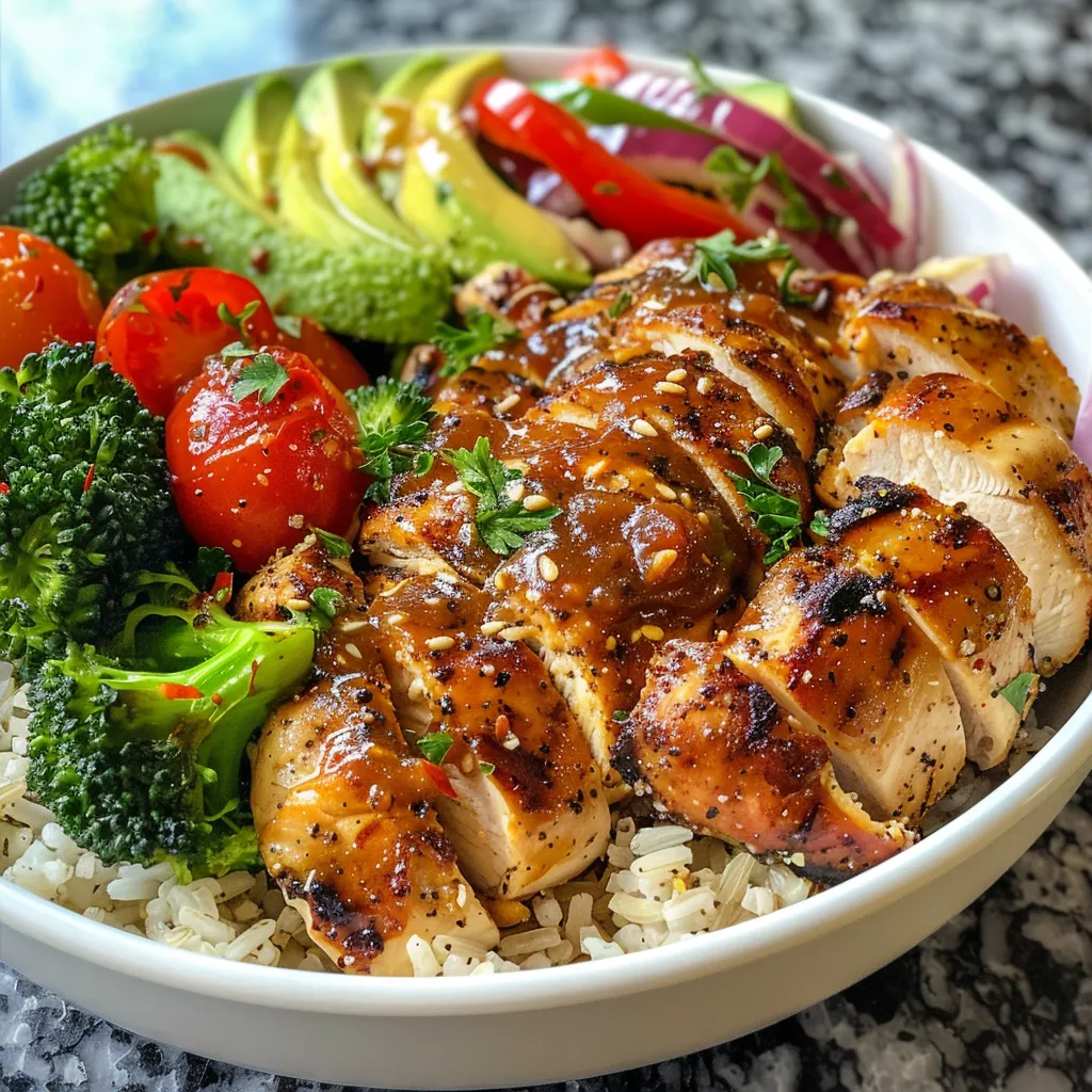 Juicy grilled chicken over a bed of brown rice mixed with fresh vegetables like broccoli and red onion.