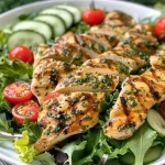 Close-up view of a vibrant grilled lemon herb chicken salad with juicy chicken, mixed greens, and colorful vegetables.