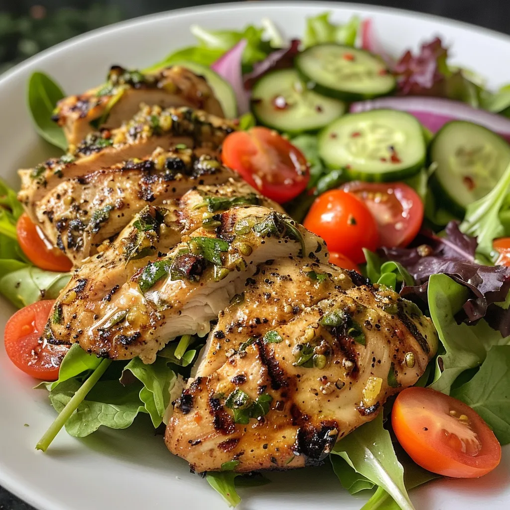 Appetizing grilled lemon herb chicken salad featuring sliced chicken, cherry tomatoes, cucumber, and red onion on a bed of greens.
