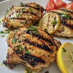 Grilled chicken breast garnished with herbs and served alongside a colorful quinoa salad.