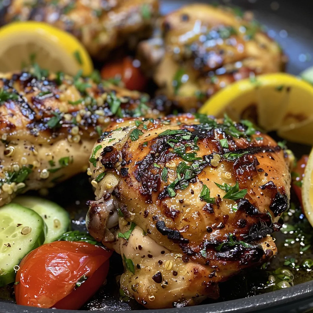 Close-up view of juicy lemon herb chicken with a fresh quinoa salad topped with diced vegetables.