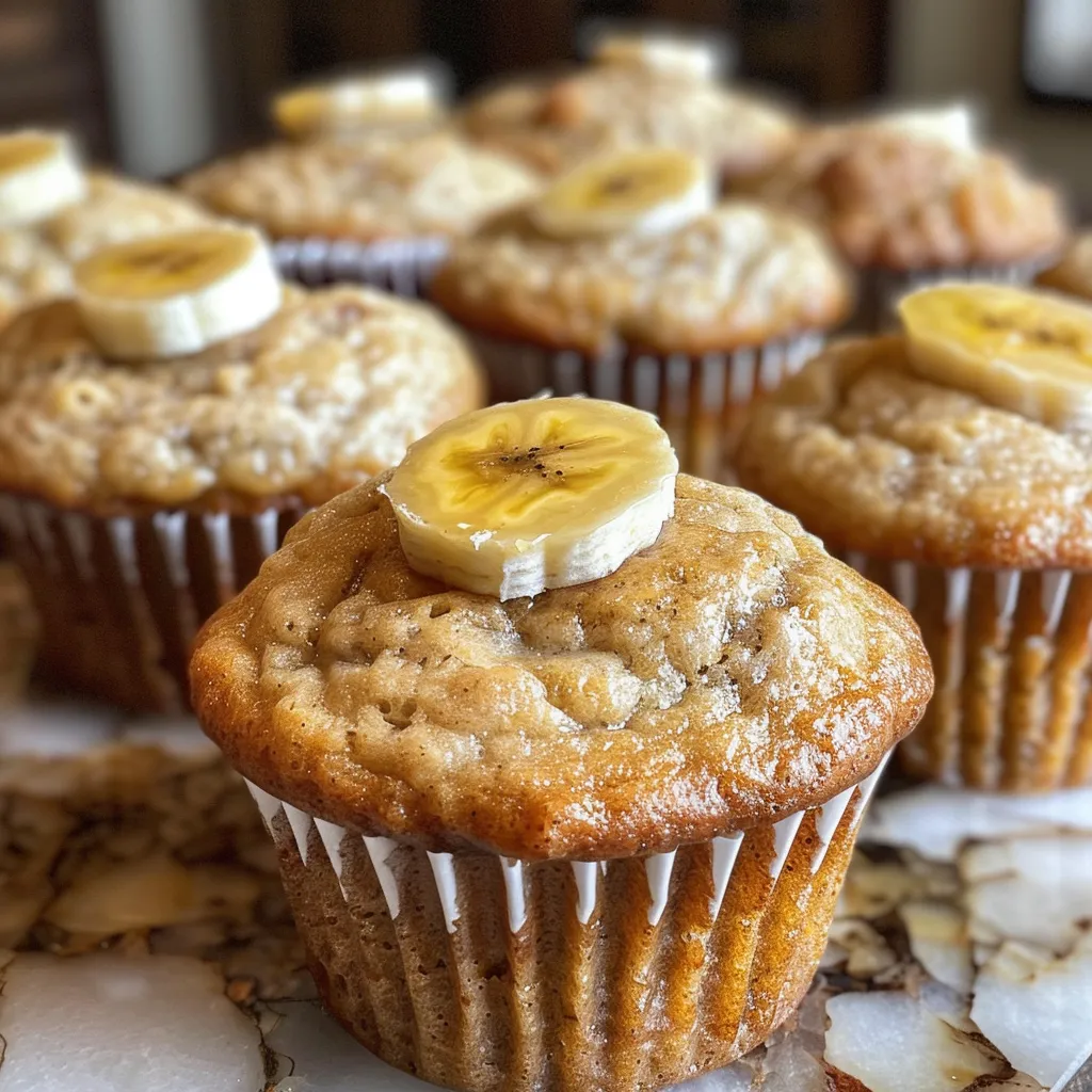 Side view of healthy banana muffins with a moist texture and banana pieces visible.