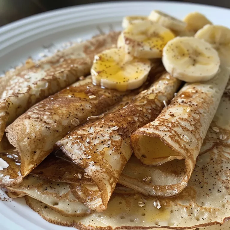 Close-up of healthy banana oat crepes drizzled with honey, with a soft texture visible.