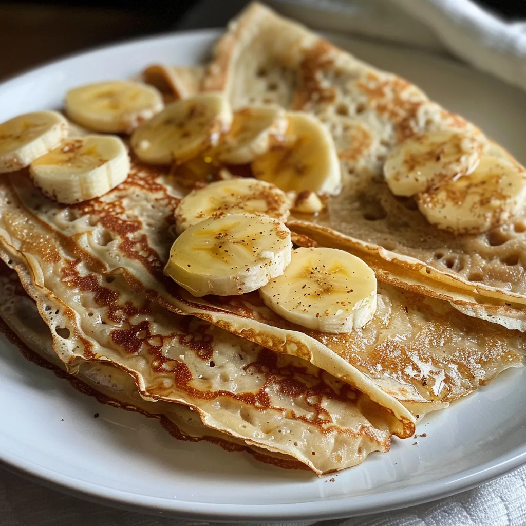 Side view of delicious banana oat crepes stacked on a plate, showcasing their golden-brown color.